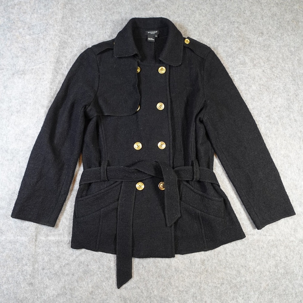 Sandro Coat Womens Extra Large Black Wool Double Breasted Military Gold Button